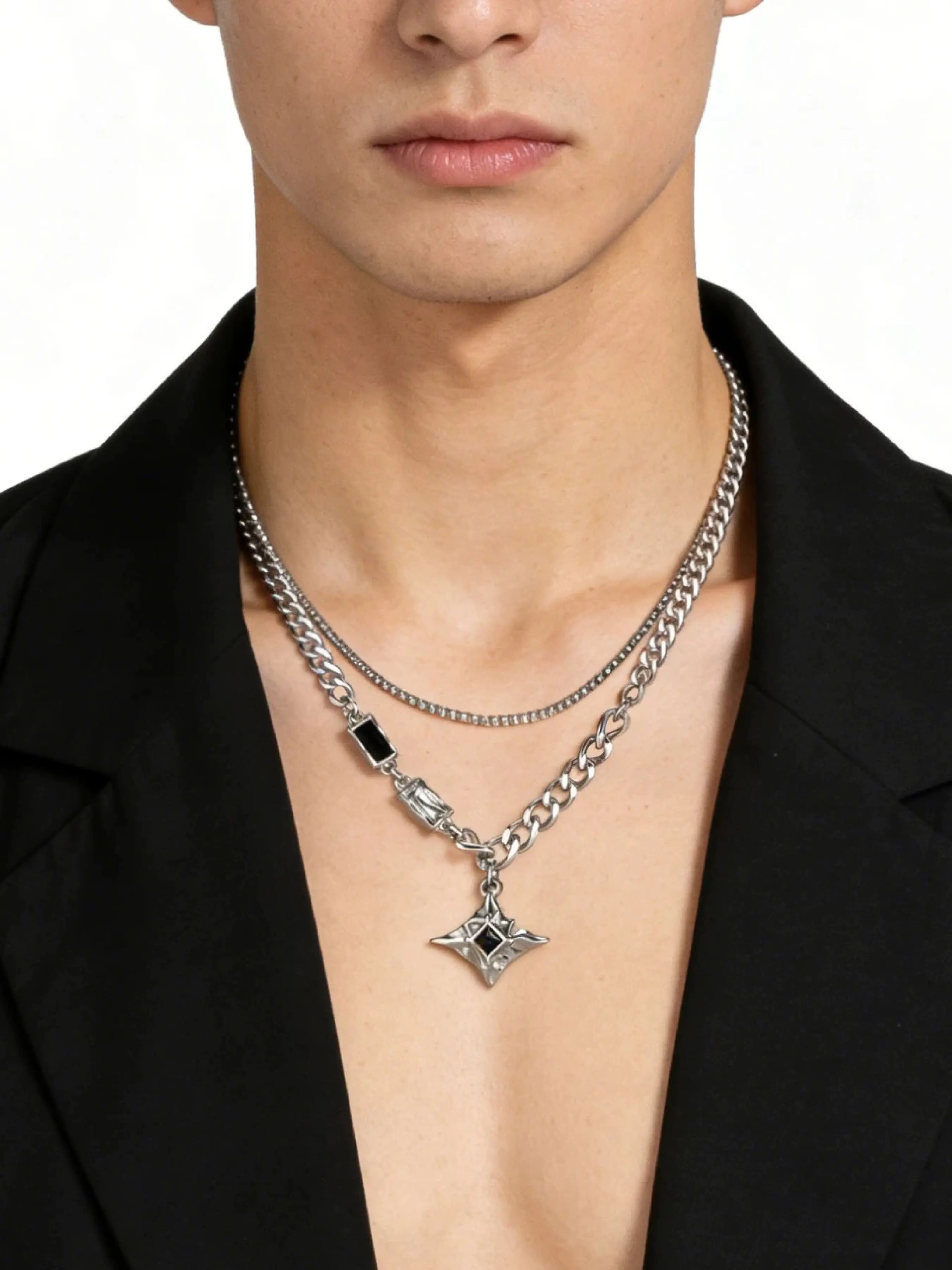 1pc 2-Layer Cuban Chain Black CZ Starburst Pendant Necklace Waterproof Non Tarnish Stainless Steel Minimalist Punk Grunge Aesthetic Jewelry Birthday Halloween Christmas Gift for Men Women Boyfriend TikTok Made Me Buy It