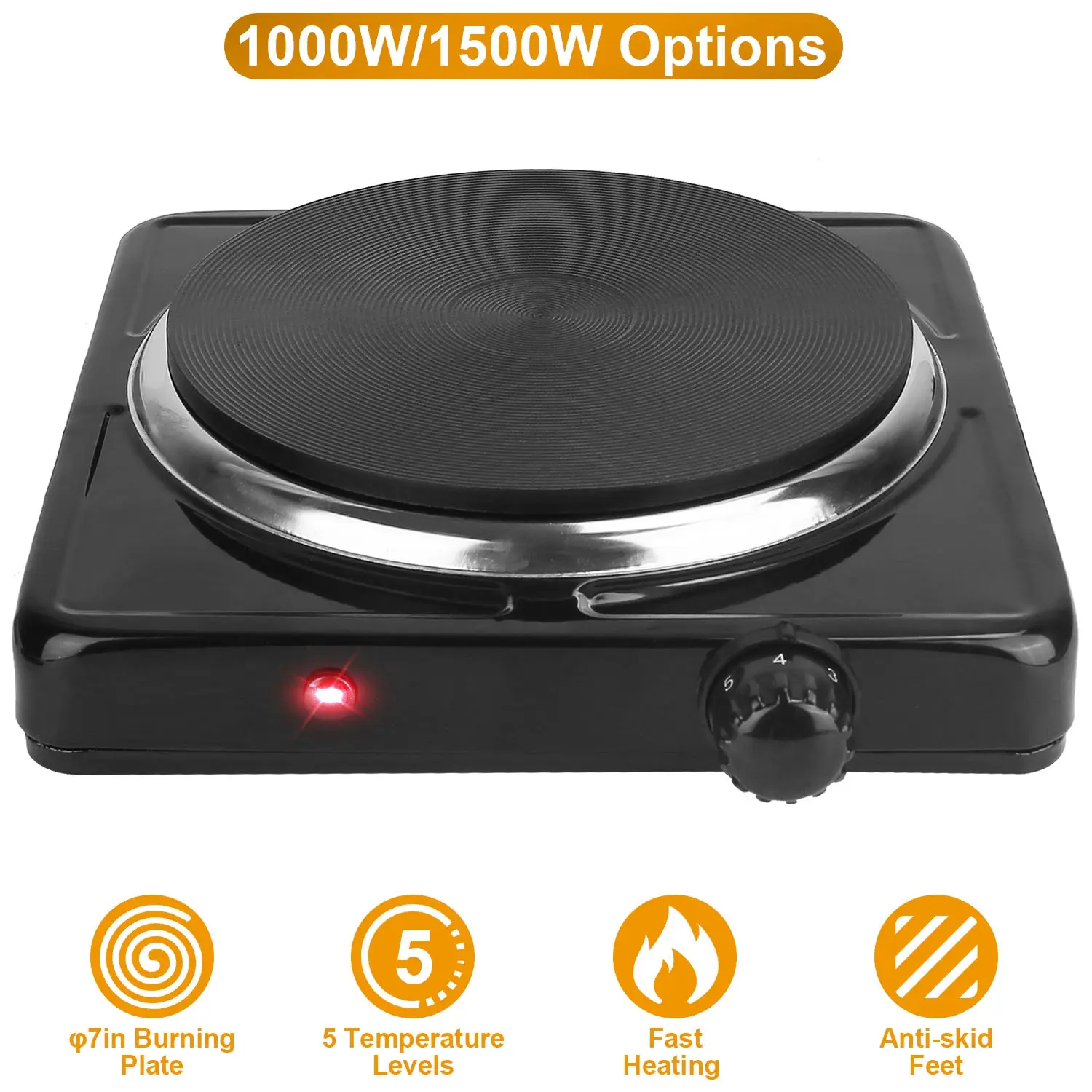 1500W Electric Hot Plate, Single Burner Countertop Stove with 5 Temperature Settings, Portable Cooking Burner for Kitchen, RV & Camping