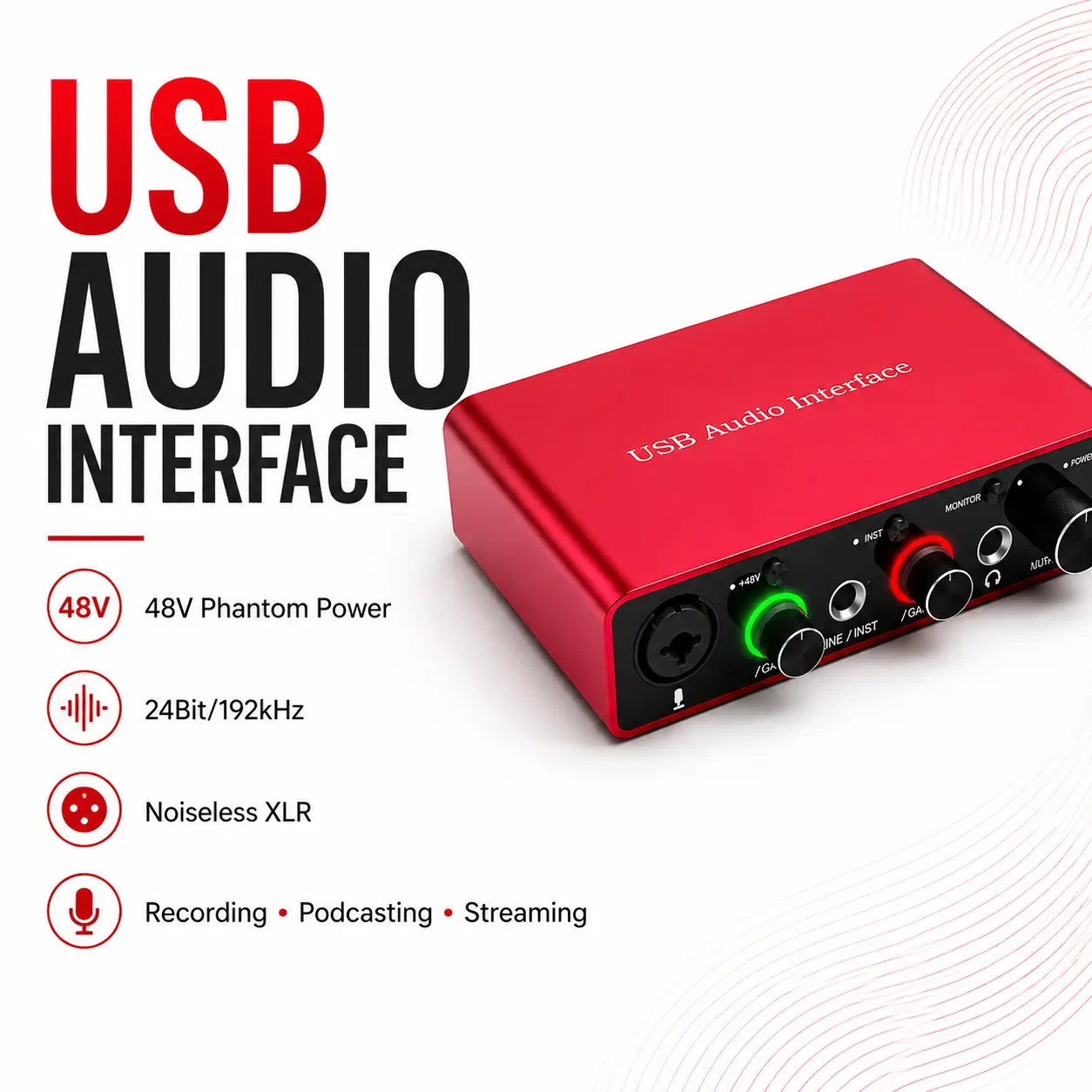 24Bit/192kHz USB Audio Mixer Interface, Noise Reduction Recording Device with Phantom Power, XLR Microphone Connection for Creators, Musicians, Podcasters & Content Production