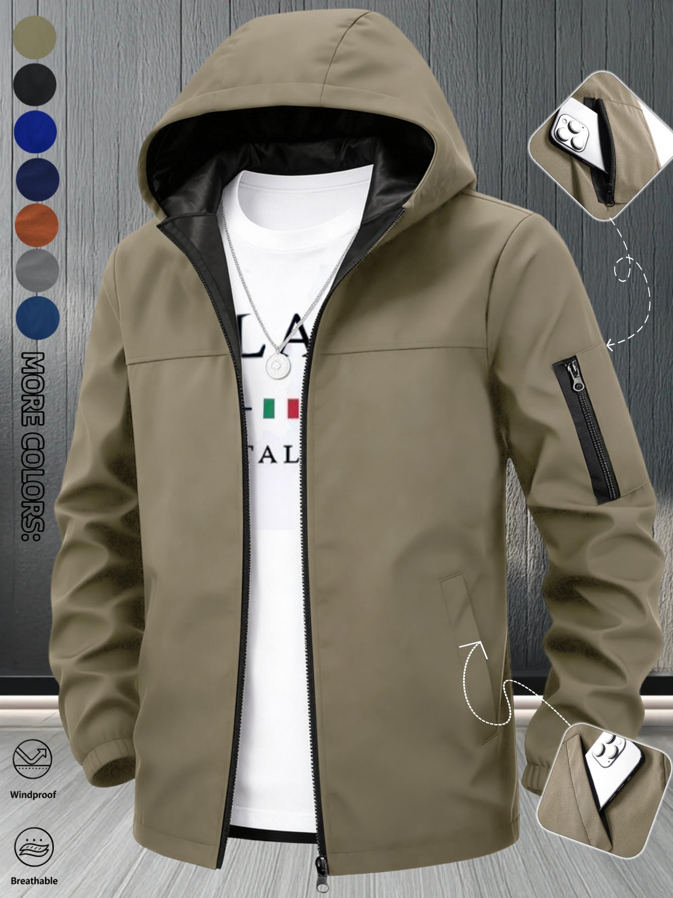 Men's Windproof Jacket, Quick-Dry Breathable Lightweight Outdoor Coat, Hooded Parka with Multiple Pockets, Streetwear & Sporty Style