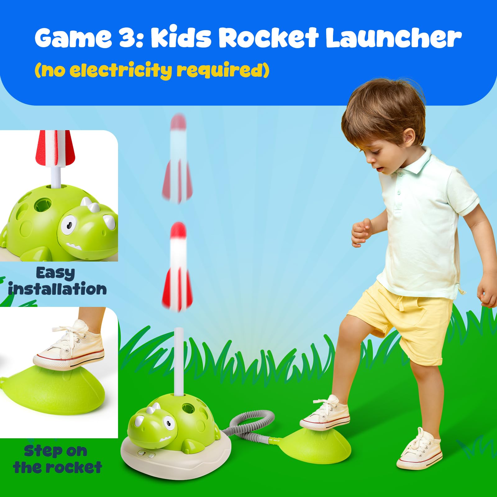 Edulok 3-in-1 Remote Control Dinosaur Play Set - Musical Bouncing Game with Ring Toss & Rocket Launcher, Perfect for Thanksgiving Family Fun, Indoor/Outdoor Active Play for Ages 3+