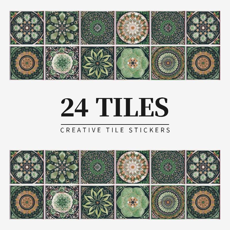 24pcs Waterproof Self-Adhesive PVC Moroccan Tile Stickers, 3.94 Inch, Tile Wall Stickers, Kitchen Living Room Bathroom Decor, Moisture-Proof, Easy Installation