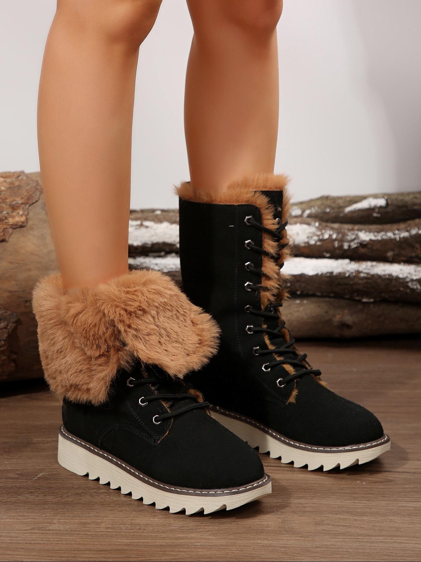 【Size Runs Small】 Women's Solid Color Boots, Fashionable Warm Boots for Winter Holiday Gift, Non-slip Outdoor Snow Boot Shoes for Women & Girls, Fur Boots for Women