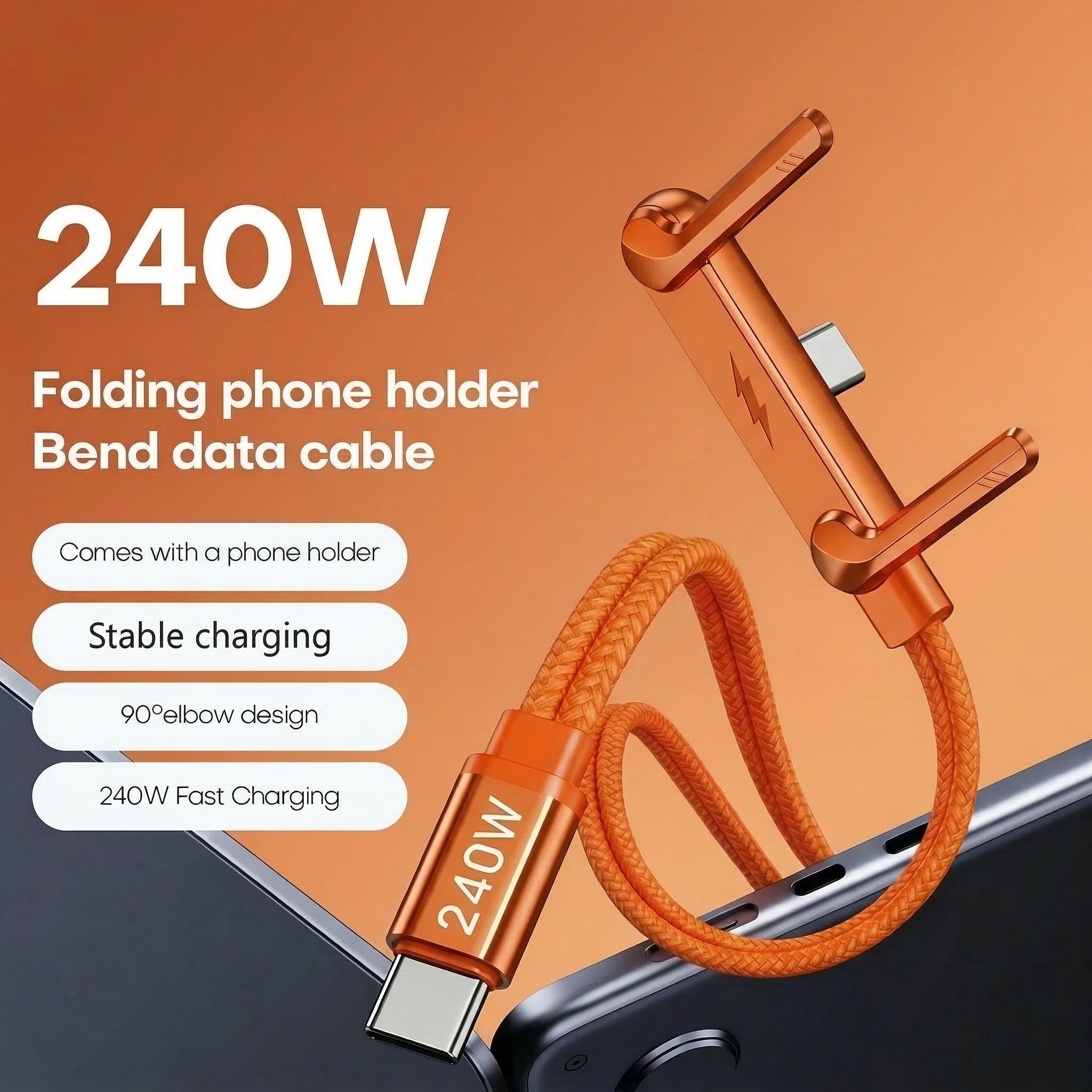 Orange  2026 Newest 240W Foldable Phone Stand Data Cable USB-C Ultra-Fast Charging Cable, 59.06-inch Charging Cable, 240W Braided Fast Charging Cable with  Phone Stand, T-Shaped Folding Design, Suitable for iPhone 15-17 Series