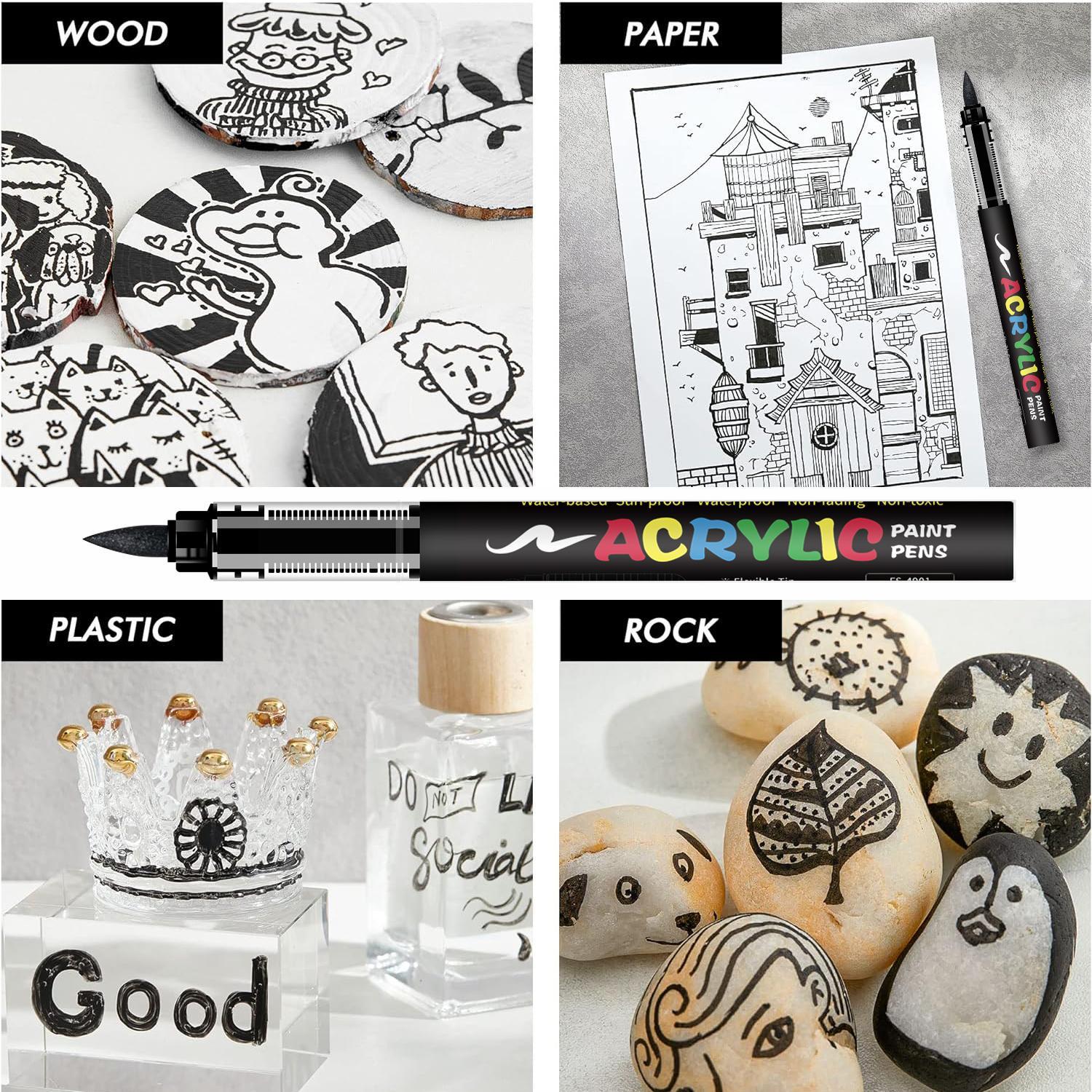 Acrylic Paint Pens with Automatic Ink Control, Soft Brush Tip Markers for Canvas, Rock, Wood, Stone, Glass, Ceramic, Fabric Painting, DIY Crafts, Art Marker Set