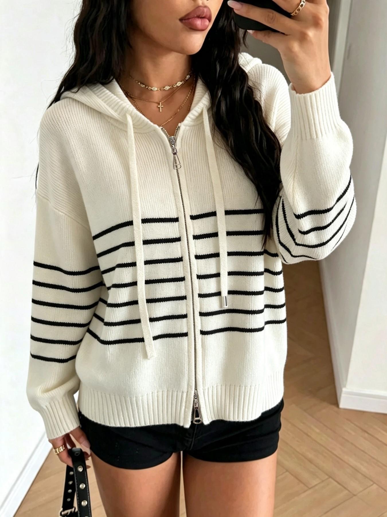 Autumn Winter Color-Block Striped Preppy Style Hooded Casual Loose Sweater Cardigan, Reversible Zipper Design, Women's Fashion Outerwear