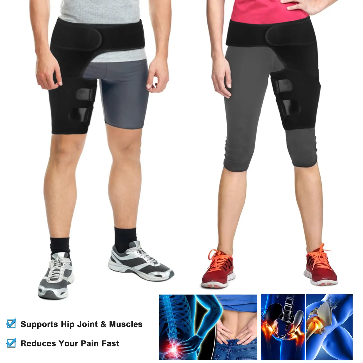 Unisex 2-Pack Thigh-Length Hip Support Brace, Supportive Thigh Compression Sleeve Protective Gear for Sciatica Back Pain Relief, Pulled Muscle Recovery
