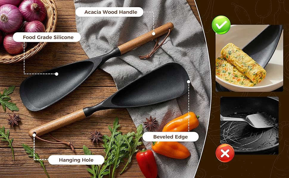 Cooking Spoon for Nonstick, 2-Pack Wooden Handle Spatula Spoon for Cooking,, Scooping & Scraping – Food-Spoon, Heat Resistant, Hole – Black, 12.8 Inch