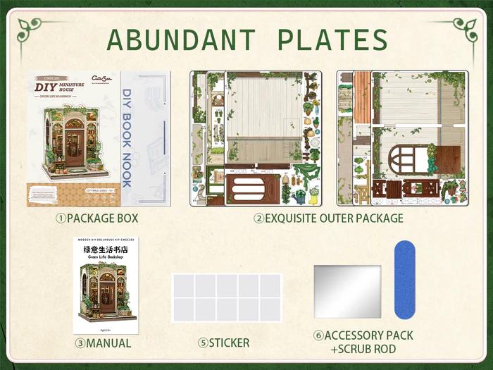 CUTEBEE DIY Book Nook Kit Green Life Bookshop – Wooden Miniature Bookstore Scene with LED Light | Handmade 3D Dollhouse Decor, Holiday and Christmas Gift for Adults