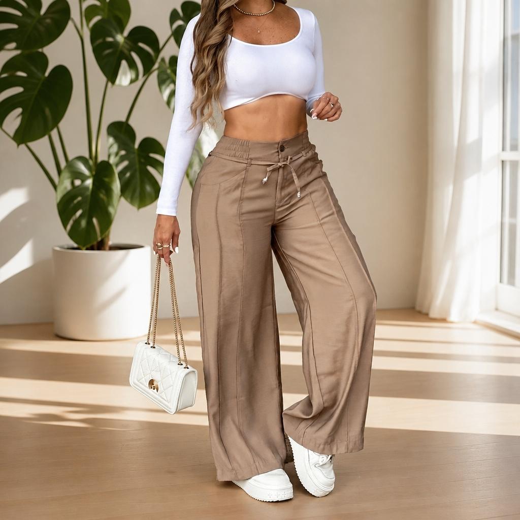Women's Wide Leg Pants, High Waist Elastic Waist, Straight-Leg Trousers, All Seasons, Loose-Fitting, Office and Date Wear, Loose Legged Pants