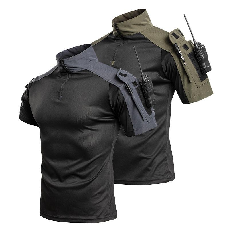 Men's Tactical Short Sleeve T-Shirt, 1/4 Zip Combat Shirt with Arm Pockets, Breathable Quick Dry Military Top for Hiking, Hunting & Outdoor