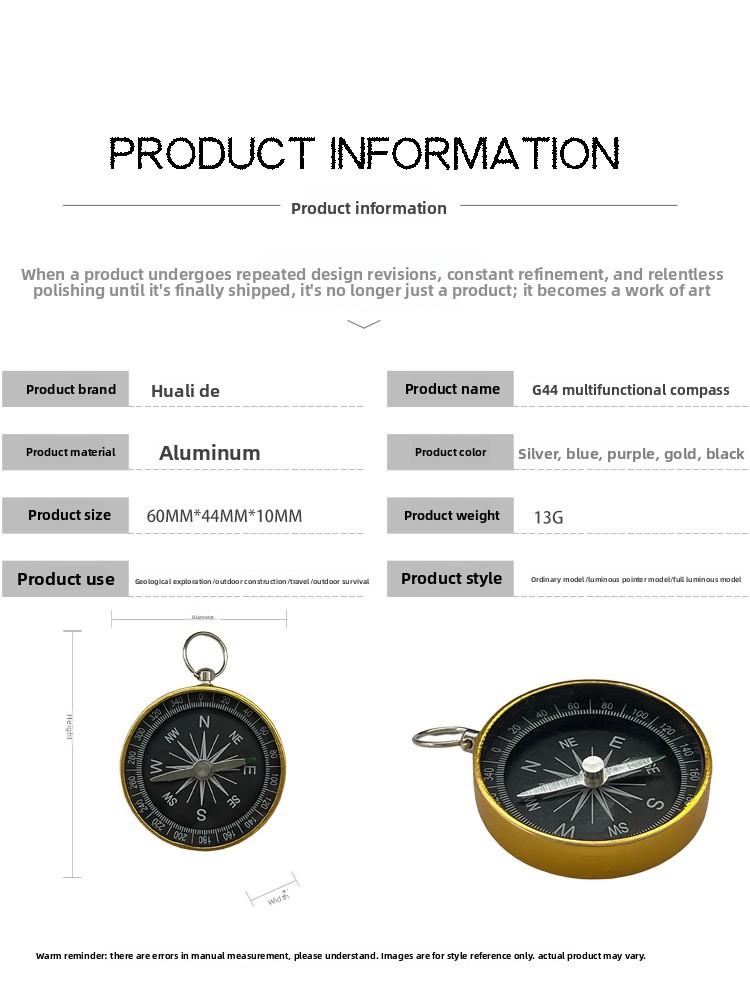G44 Golden Aluminum Shell Outdoor Travel Wedding Gift Teaching Compass Laser LOGO North Pointer for Camping, Outdoor Hiking, and Night Use