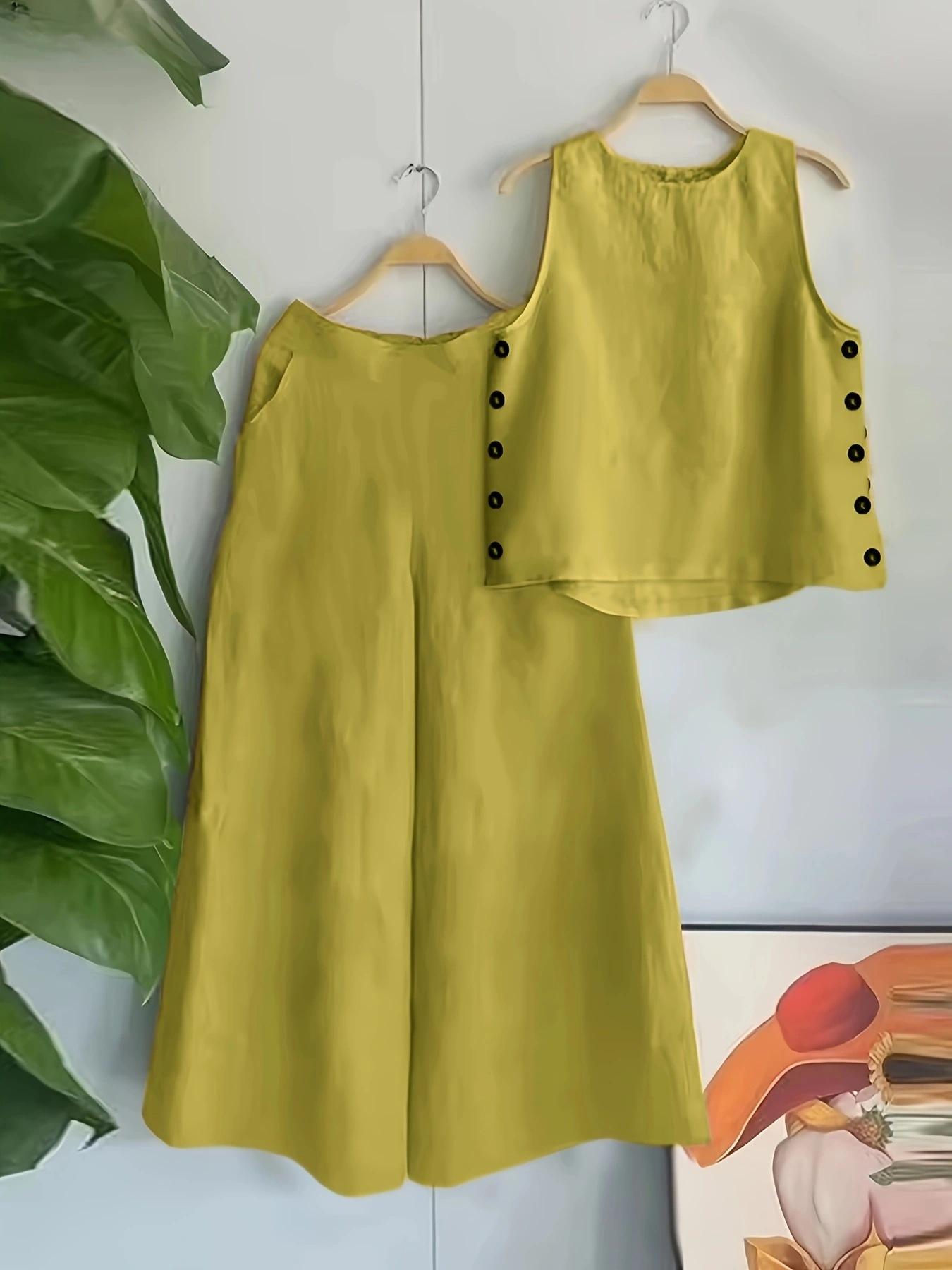 Women's Solid Tank Top & Pocket Wide Leg Pants Set, Matching Clothing Set, Elegant Fashion Casual Two-piece Outfits for Daily Outdoor Wear, Women Clothing for Summer