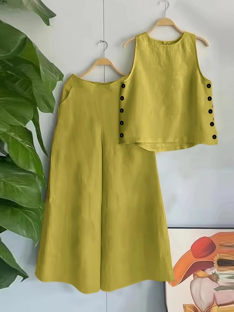 Women's Solid Tank Top & Pocket Wide Leg Pants Set, Matching Clothing Set, Elegant Fashion Casual Two-piece Outfits for Daily Outdoor Wear, Women Clothing for Summer