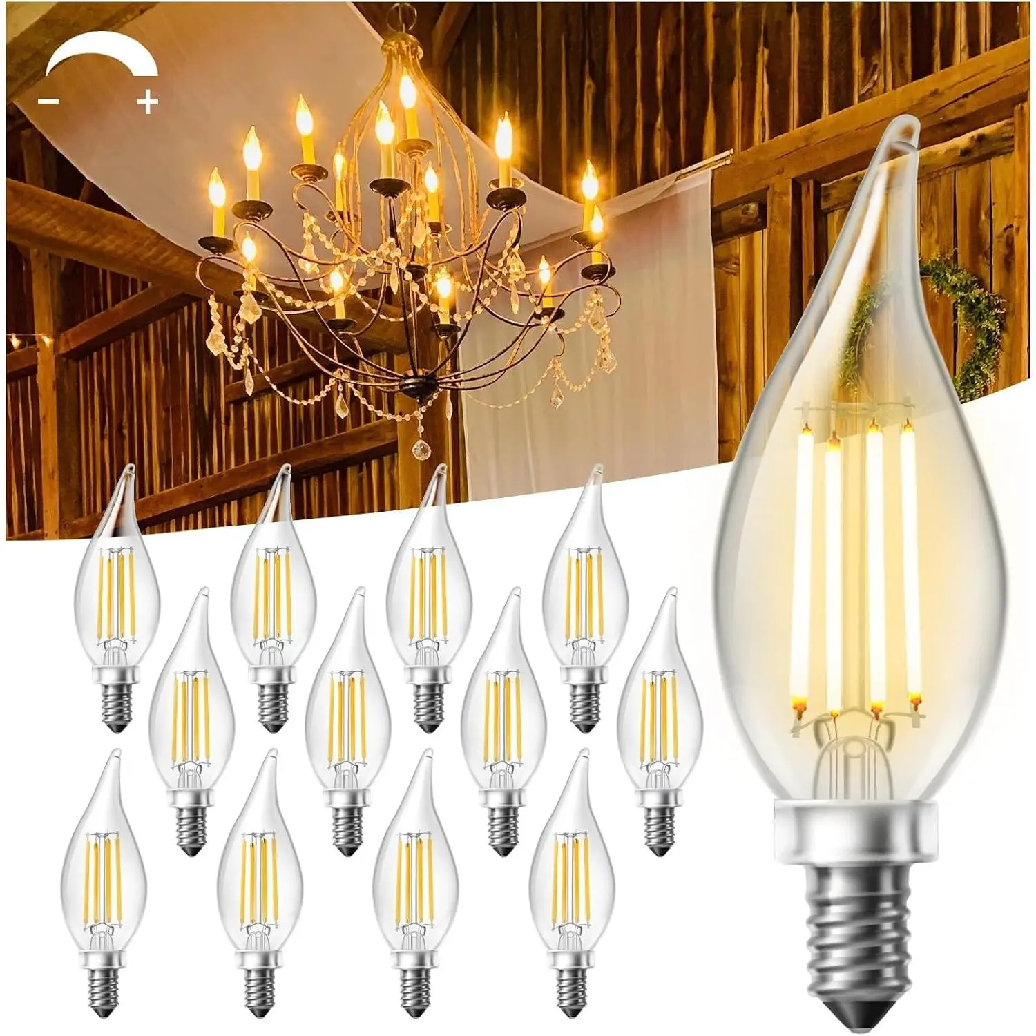 E12 LED Candelabra Light Bulbs 40W Equivalent Dimmable, 2700K Soft Warm White, 400LM Flame Tip Vintage Candle Light Bulbs, 12 PackGift