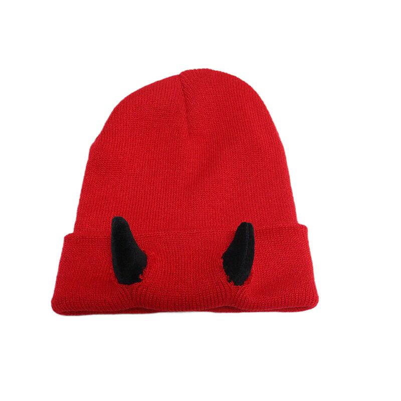 Unisex Reversible Knit Beanie Skull Cap - 1 Pack Soft Stretch Acrylic Warm Winter Headwear with 3D Devil Horns, Multi Color Options, Streetwear Style, Ideal for Halloween Cosplay, Outdoor Skiing