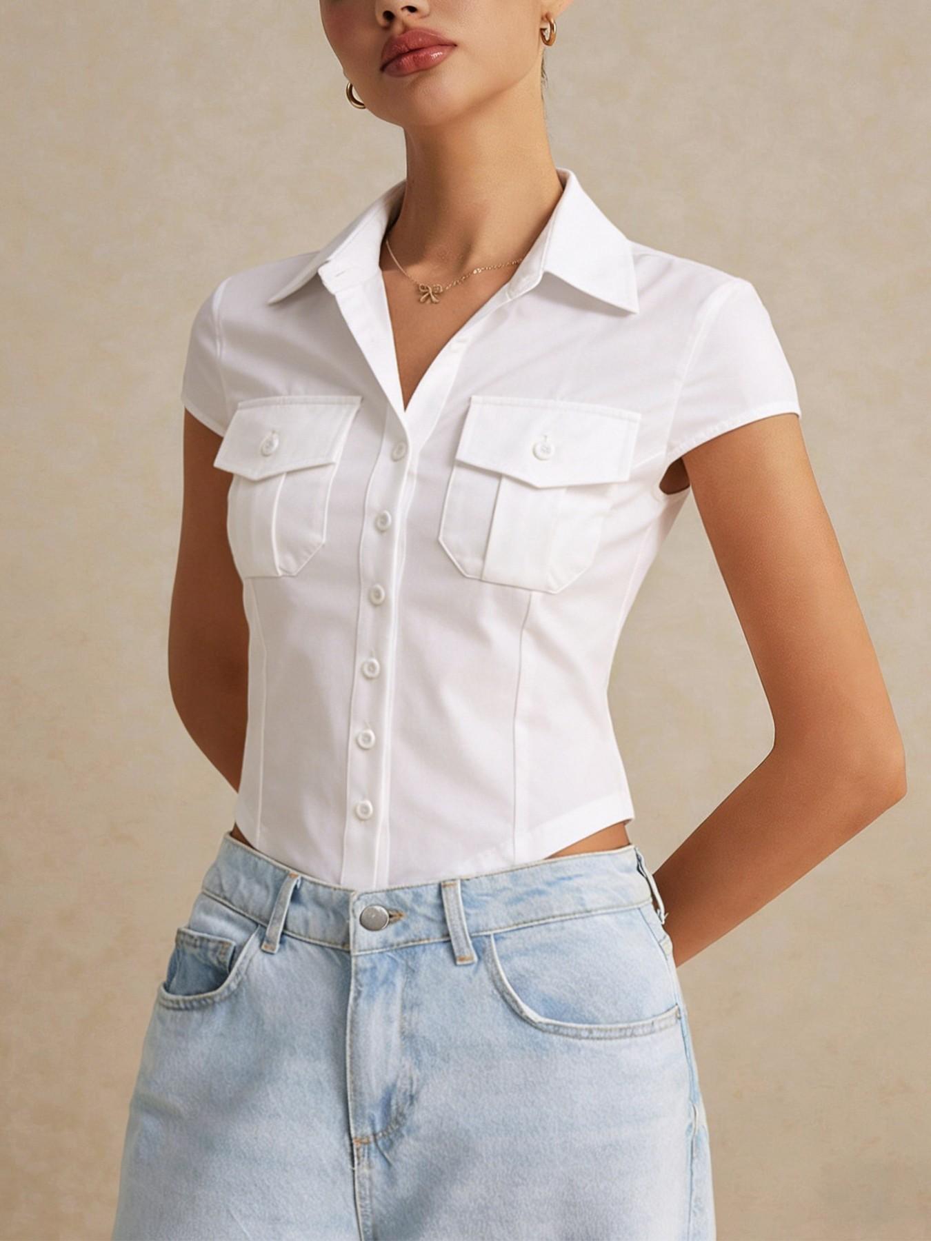 1 Pc Women's White Cropped Button Down Shirt Short Sleeve with Dual Chest Pockets Slim Fit for Casual Office Daily Wear