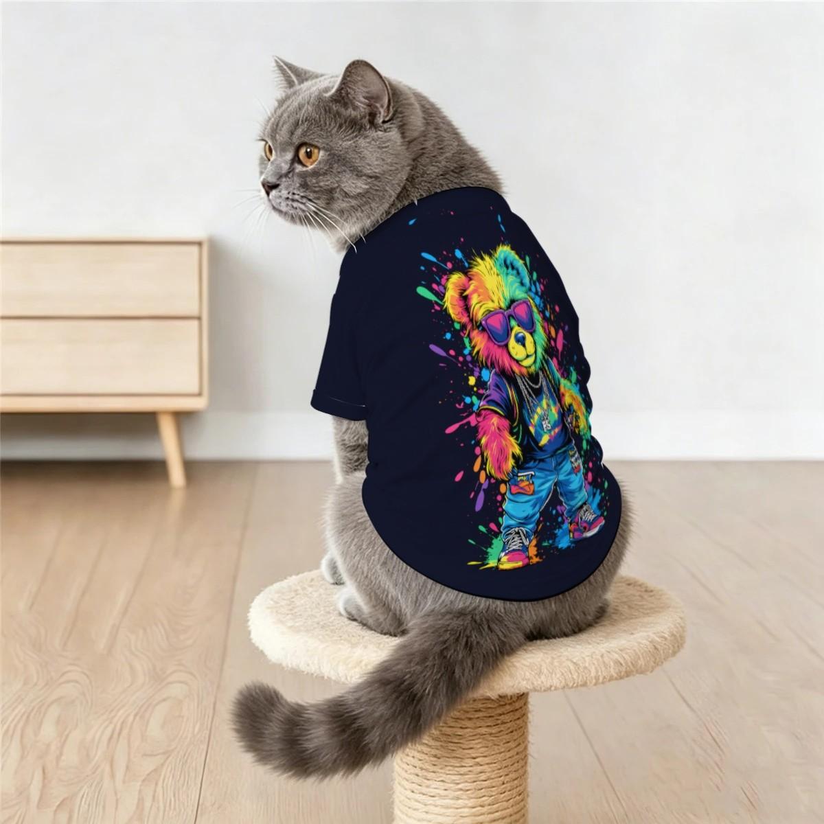 1pc All-Season Small Pet Clothes, Colorful Hand-Painted Bear Print, Soft Breathable Lightweight, Cute Pet Short Sleeve T-Shirt, Puppy Clothes