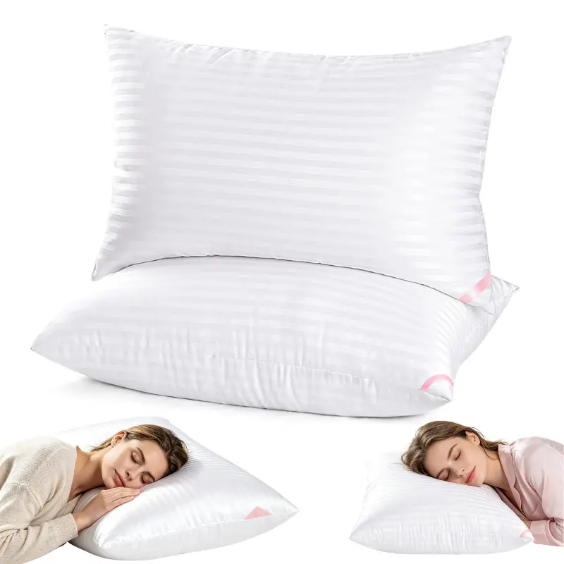 Premium Hotel Collection Striped Bed Pillows,Standard Rectangle Fluffy Filled Soft Pillows with Pink Tag Corner, Smooth Fabric Bed Pillow Inserts for Bedroom Guest House Vacation Rental Bedding Supplies