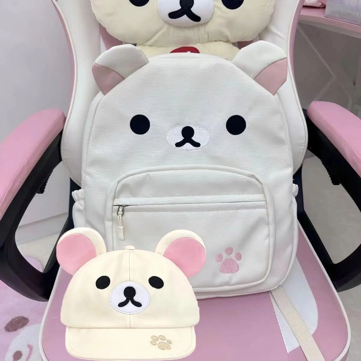 Cartoon Rilakkumas Backpack With Peaked Cap Set Korilakkuma Embroidery Canvas Women Backbag Hat Large Capacity Kids School Bag