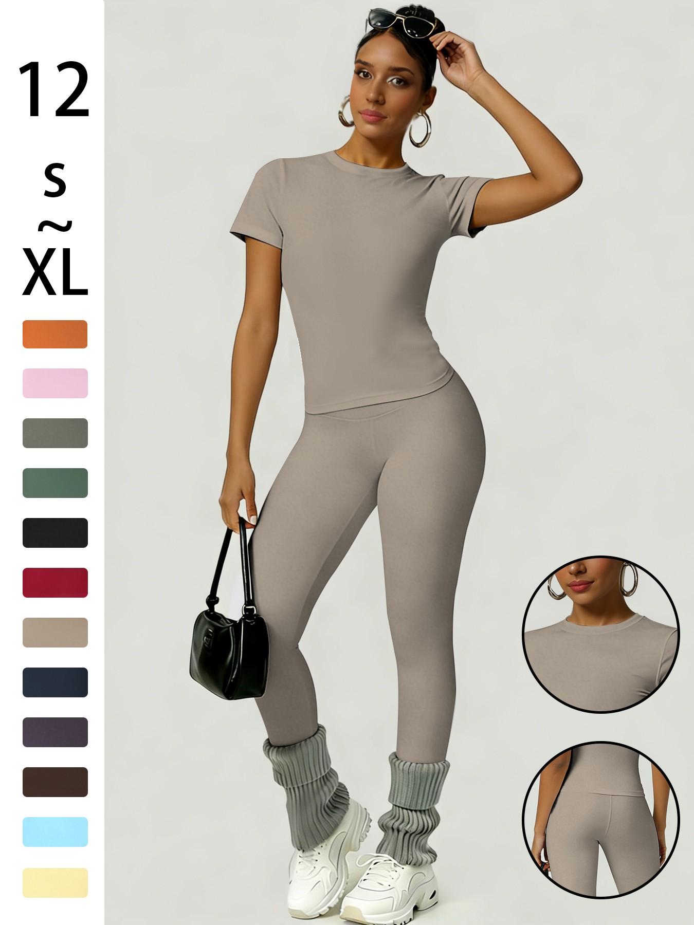 Women's Slim-Fit Round Neck Short Sleeves Top & High-Waisted Yoga Pants Sportswear Set, Ideal for Gym Running and Outdoor Activities