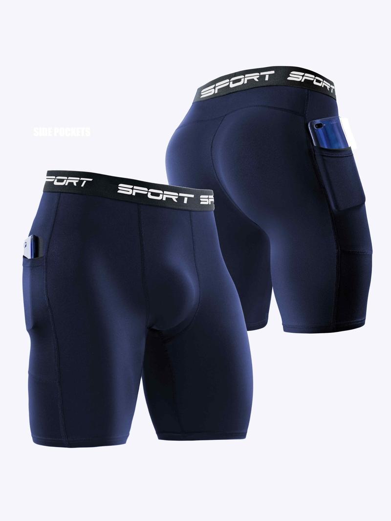 4-Pack Men’s Compression Shorts with Pockets, High Stretch Quick Dry Polyester Athletic Shorts, Breathable Knit Workout Shorts for Gym, Running, Training, Fitness & Exercise, Performance Sports Shorts Set Black Blue White Red