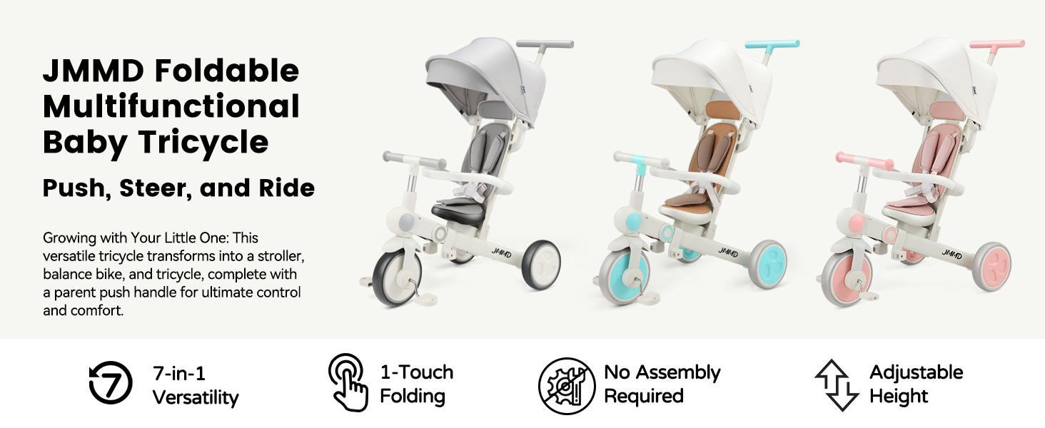 JMMD Baby Tricycle, 7-in-1 Multifunctional Kids Trike with Adjustable Parent Handle, Safety Harness & Wheel Brakes, Removable Canopy, Stroll Trike for Boys & Girls Ages 18 Months-5 Years Lightweight Stroller Lightweight Travel Stroller