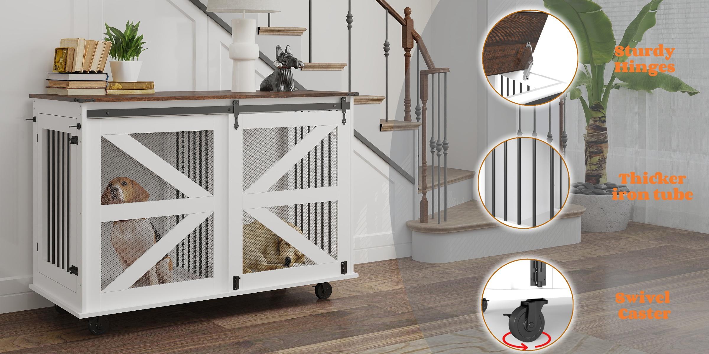47.2*23.6*34.8 Inch Brown‑White Farmhouse Dog Crate Furniture, Wooden Kennel with Wheels, Removable Divider, Barn Door & Metal Corners for 2 Small Dogs or 1 Large Dog 47.2*23.6*34.8 Inch Brown‑White Farmhouse Dog Crate Furniture, Wooden Kennel with Wheels, Removable Divider, Barn Door & Metal Corners for 2 Small Dogs or 1 Large Dog