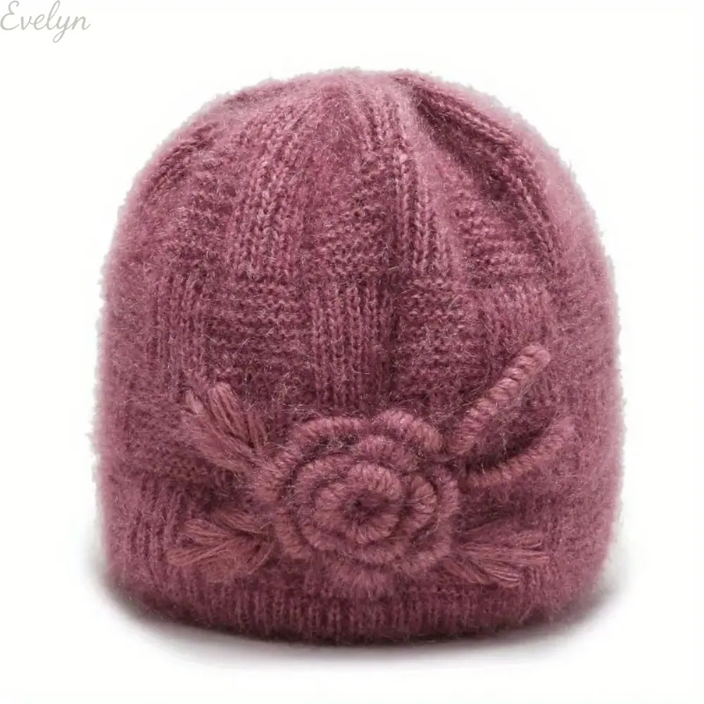 Female Winter Floral Beanie Hat - Khaki, Soft, Warm, Windproof, Stretchy, Floral Accent, for Cold Weather Outdoor Activities, Hand Wash Only, Blocks Wind Chill, Perfect Choice