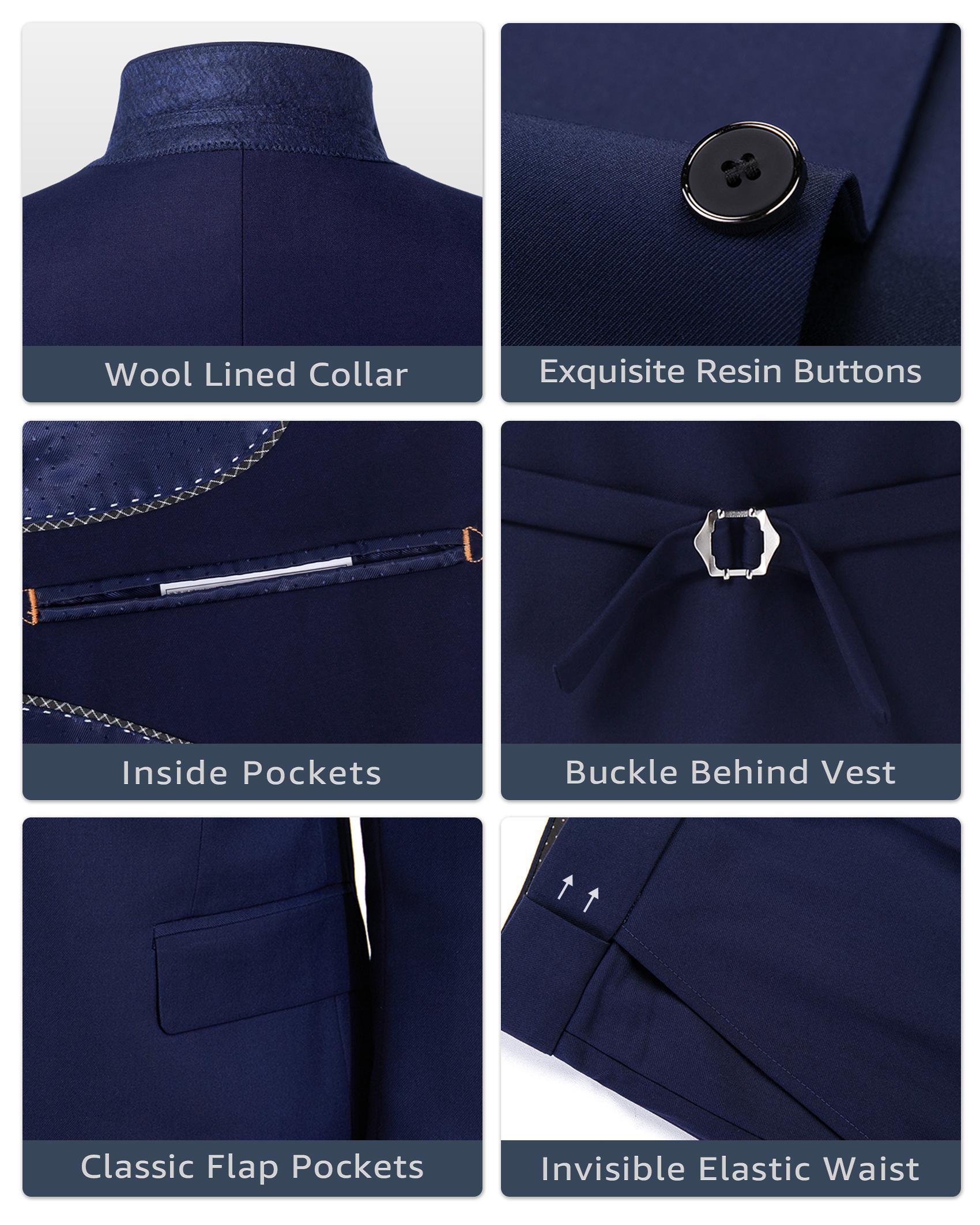 YND Men's Slim Fit 3 Pieces Suit, One Button Solid Jacket Pants Set with Tie for Wedding Party Business Prom