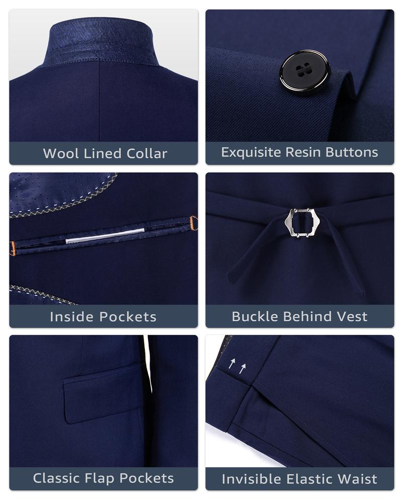 YND Men's Slim Fit 3 Pieces Suit, One Button Solid Jacket Pants Set with Tie for Wedding Party Business Prom