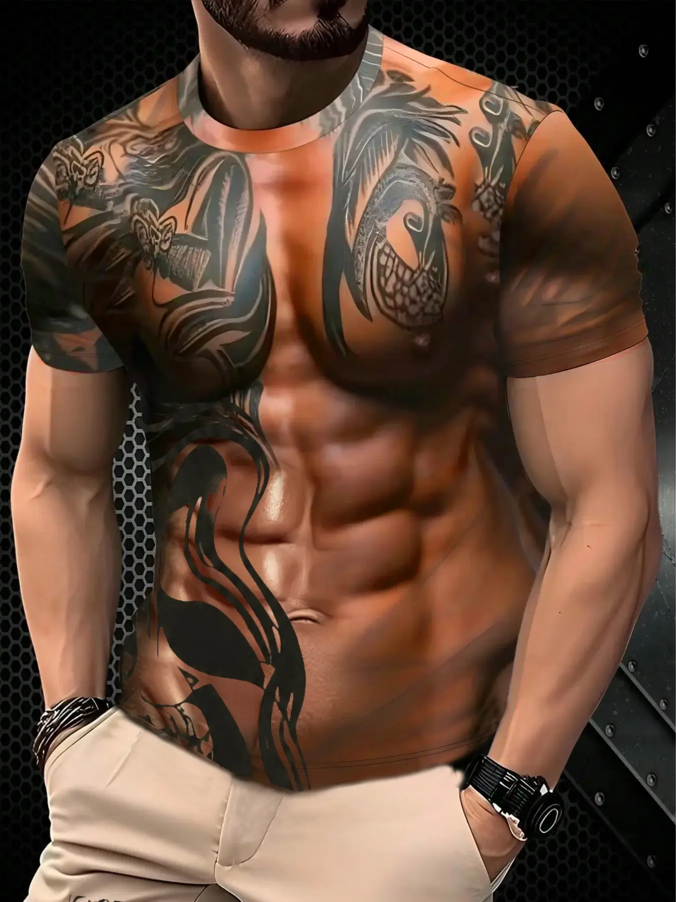 Men's Creative Tattoo Print Short Sleeve T-Shirt, 3D Visual Fake Tattoo, Casual Summer Round Neck, Loose Fit, All Seasons