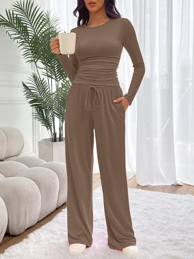 Women's Fitted Two-Piece Lounge Set, Ruched Tee & Drawstring Pocket Pants with Organic Fabric, Casual Daily Wear
