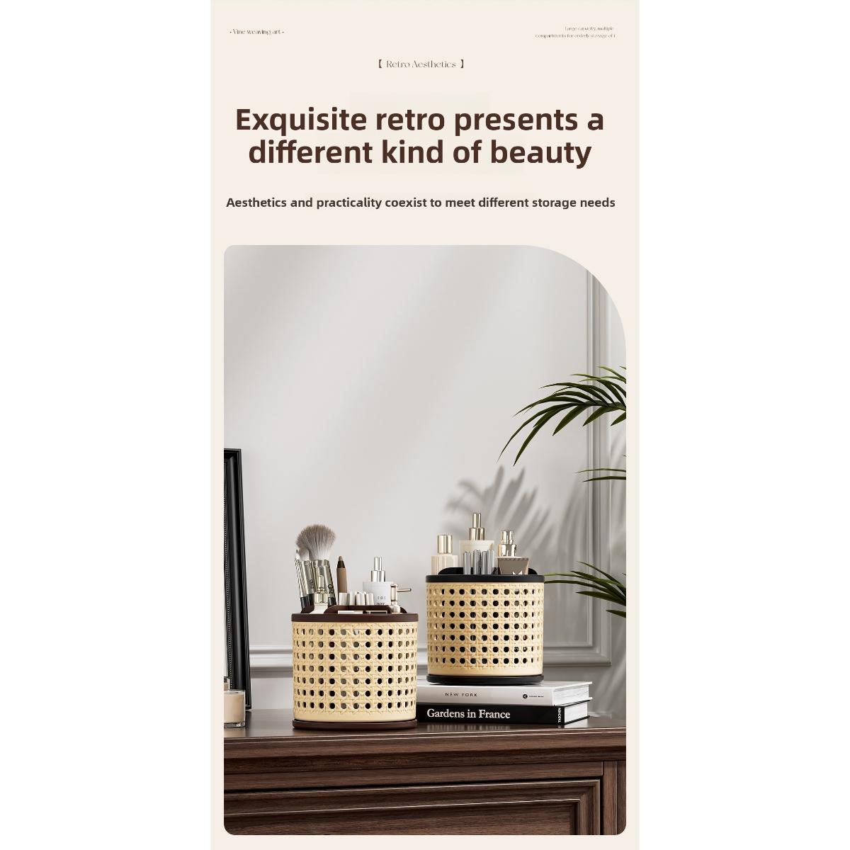 360° Rotating Pen Holder, Spacious Desktop Organizer for Students, Makeup Brush Storage Box, Independent Compartments, Vintage Style Design