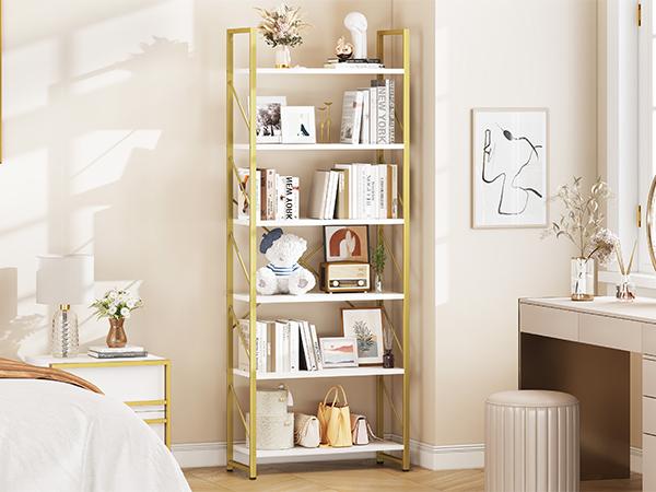 Yitahome Tall 6 Tier Bookcase, Modern Gold Book Shelf, Open Display Storage Rack Shelves for Living Room/Bedroom/Home/Office/Kitchen, Holder Organizer for Books/Movies