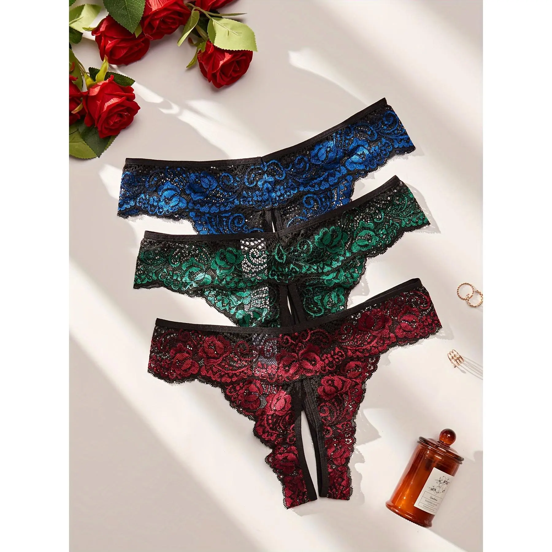 [Sexy Lace Crotchless Panties] 3pcs Plus Size Sexy Lace Crotchless Panties | Color Block Design, Mid-Rise, Stretch Fabric, Split Detail, Light Support, Women's Underwear, Comfortable Undergarment, Colorblock Design, Stretch Fabric Panties
