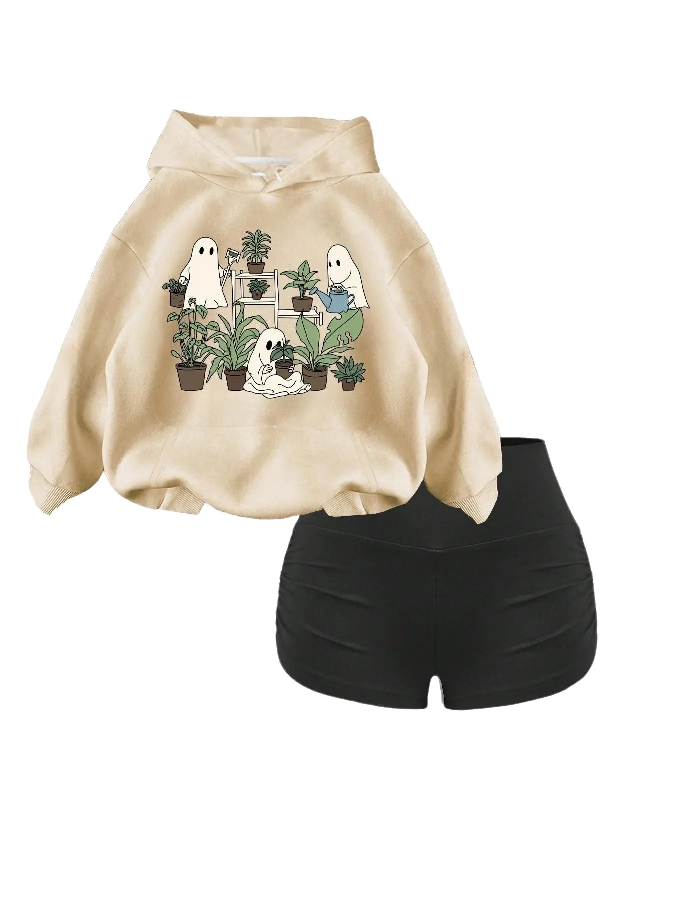 Women's Halloween Theme Sweatshirt Set, Fall Winter Warm Long Sleeve Hooded Drawstring Pullover, Trendy Pocket Hoodie and Gym Shorts, Fun Ghost Print
