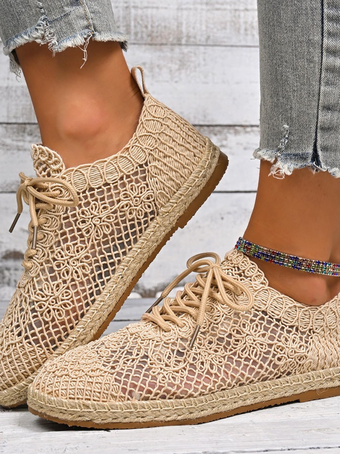 Women's Summer Crochet Sneakers, Casual Breathable Mesh Shoes, Handmade Hooked Knit, Round Toe, Low Ankle, Random Print, Fashion Trendy