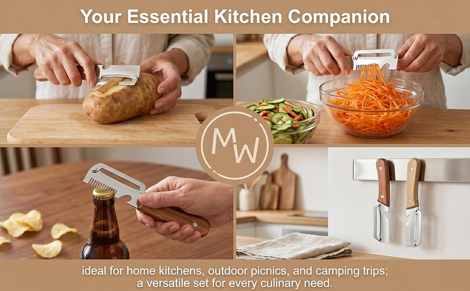 2-Piece Multifunctional Kitchen Vegetable Peeler with Stainless Steel Blade, Wooden Handle & Bottle Opener for Sugarcane, Potatoes, Fruits