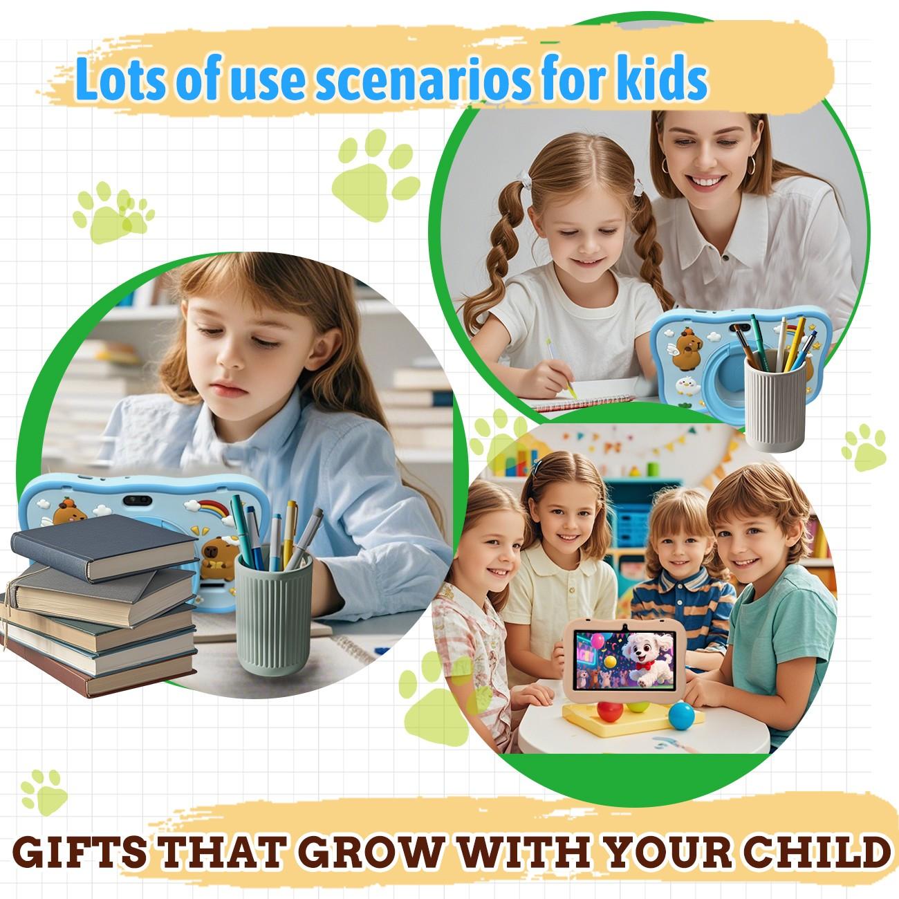 7-inch tablet | IWAWA learning application | Secure internet parental control | Sensitive touch screen+learning anti fall shell (blue/pink | no adapter) holiday gift, children have fun, parents feel more at ease