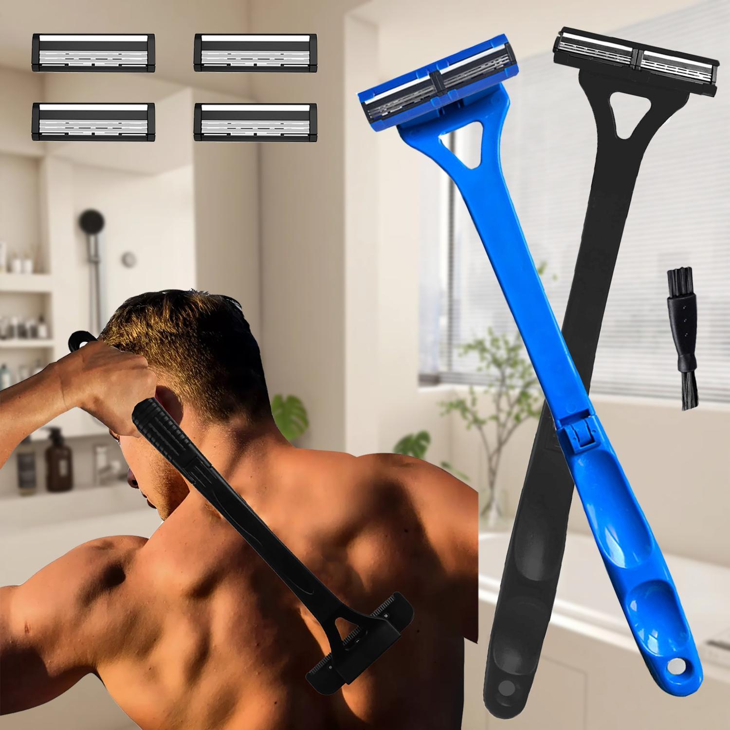 Back Hair Shaver with Foldable Long Ergonomic Handle, Replaceable Safety Blade & Portable Razor Groomer for Men, Wet & Dry Shaving, Safety Razors