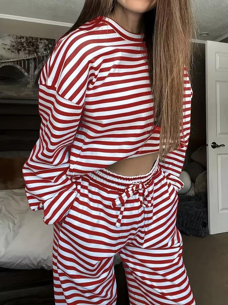 Women's Fashion Striped Casual Sportswear Set, Sweatsuit Set Outfit, Spring & Fall Long Pants and T-Shirt Two-Piece, Stylish Stripe Design