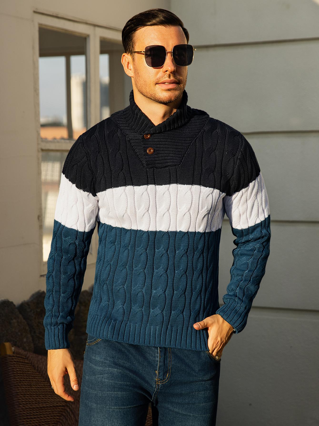 HYPESTFIT Men's Ink Blue Contrast Knit Sweater with Geometric Pattern Large Lapel Collar Long Sleeve Pullover for Fall Winter Layering Casual Menswear 100% Polyester Slight Stretch