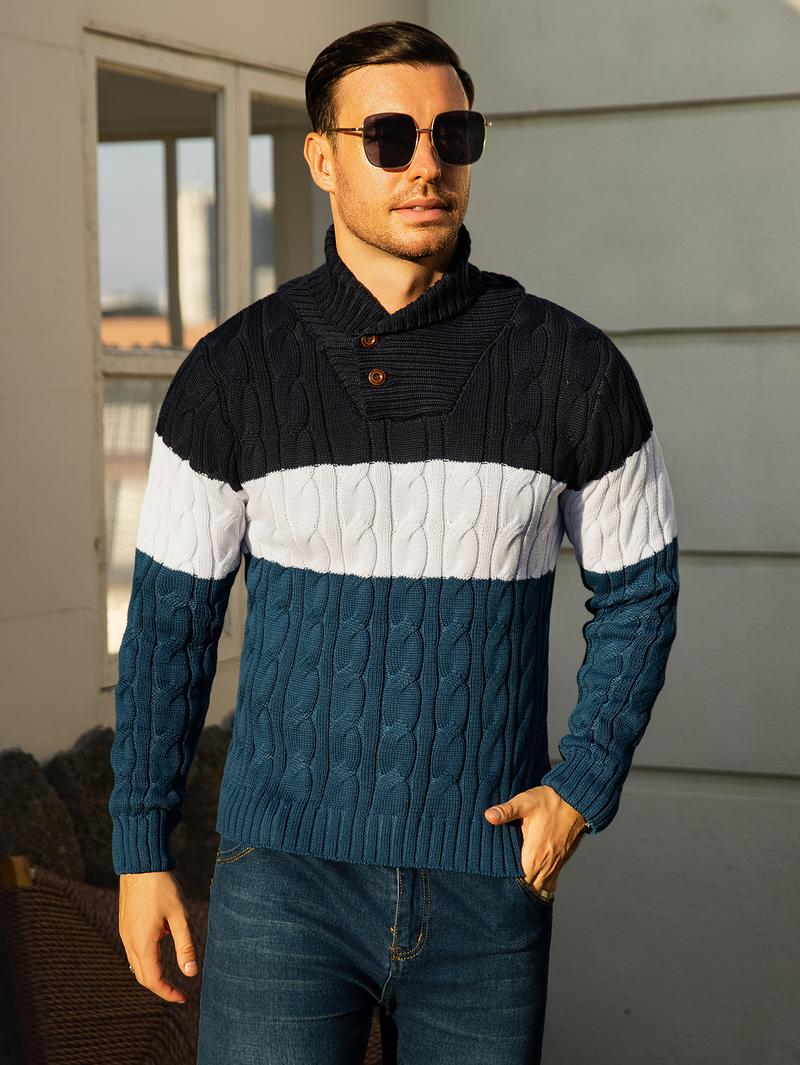 HYPESTFIT Men's Ink Blue Contrast Knit Sweater with Geometric Pattern Large Lapel Collar Long Sleeve Pullover for Fall Winter Layering Casual Menswear 100% Polyester Slight Stretch