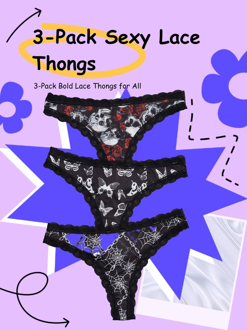 3-Pack Sexy Lace Trim Low Waist Thongs, Unique Butterfly Chain Print for Halloween, Comfortable Fitted Women's Underwear, Trim Lace Panty