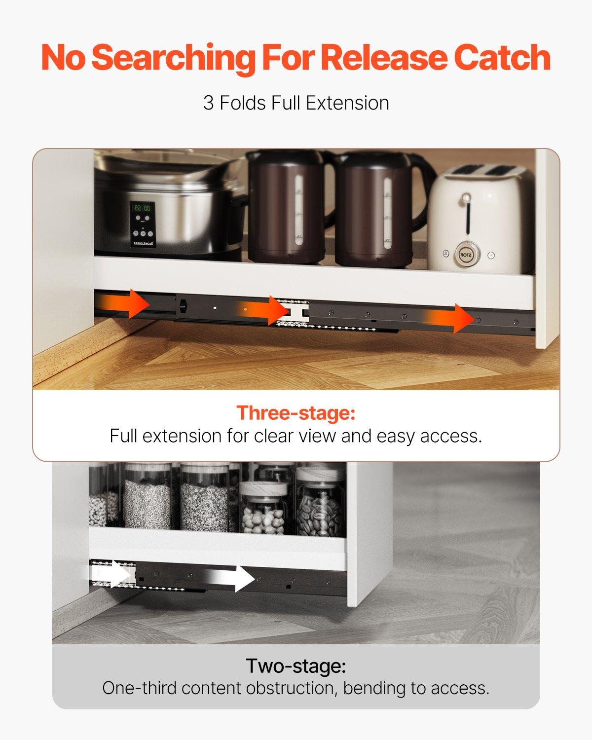 VEVOR Undermount Drawer Slides, 40 in Undermount Type, Full Extension Ball Bearings, 260 LB Heavy Duty Bottom Rails, Stair Cabinet Glides Track Runners, for DIY Replacement, Black