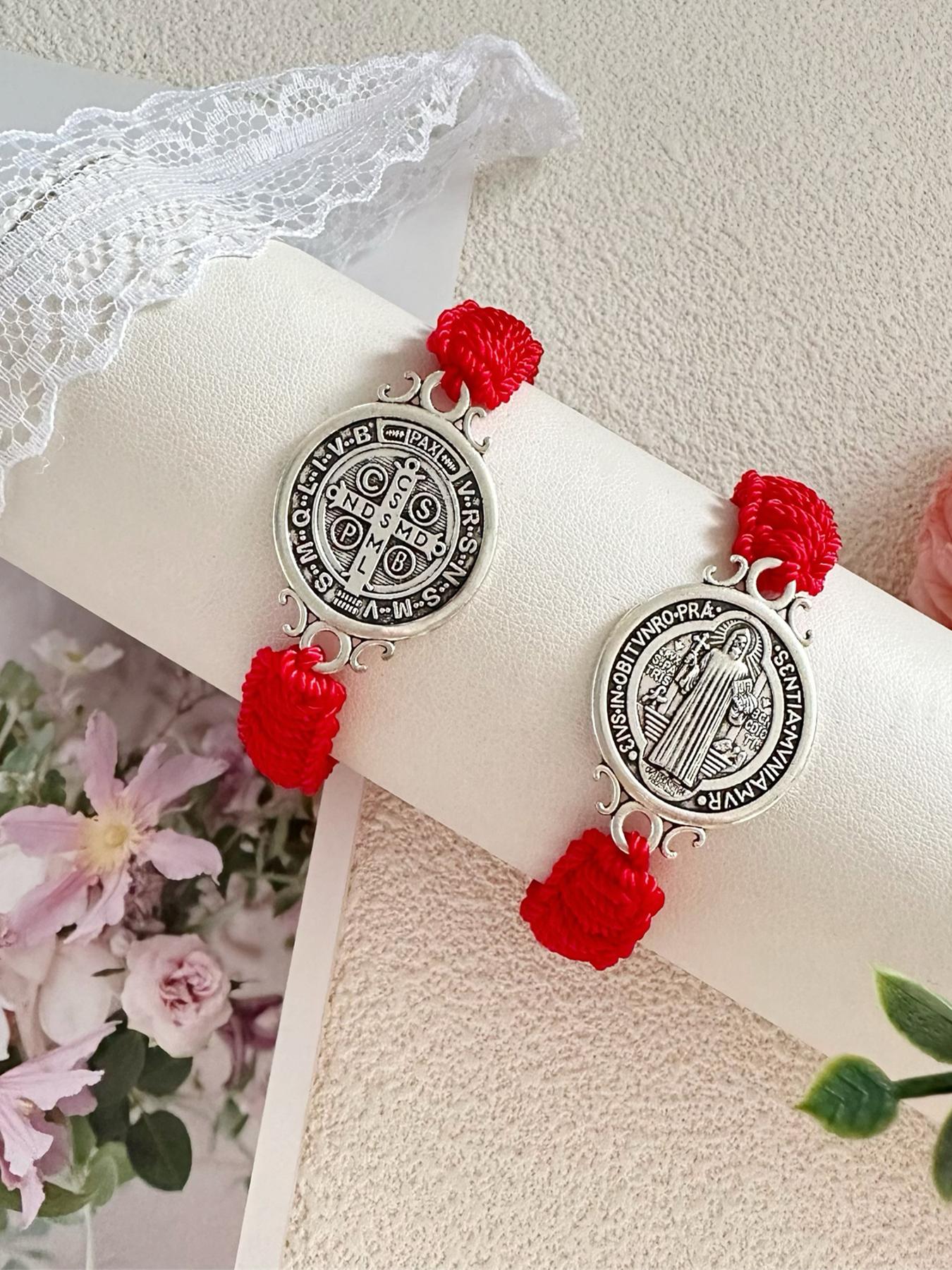 2 Pcs Red St. Benedict Bracelets with Cross Charm and Black Adjustable Cord, Saint Benedict Medal, Catholic Religious Symbolism Jewelry Gift for Men and Women, Religious Wristband, Prayer Bracelet