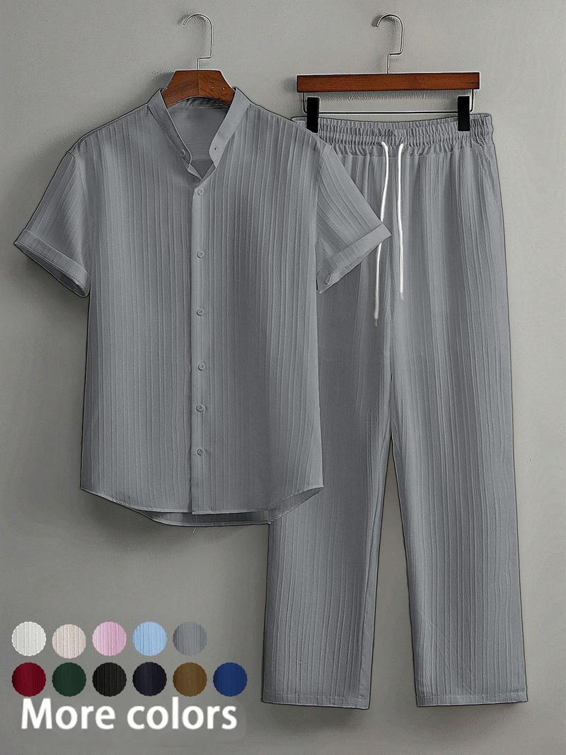 Two-Piece Set Men's Linen Set, Casual Short Sleeve Button Up Shirt & Pants Set for Summer, Men's Clothes for Beach Vacation