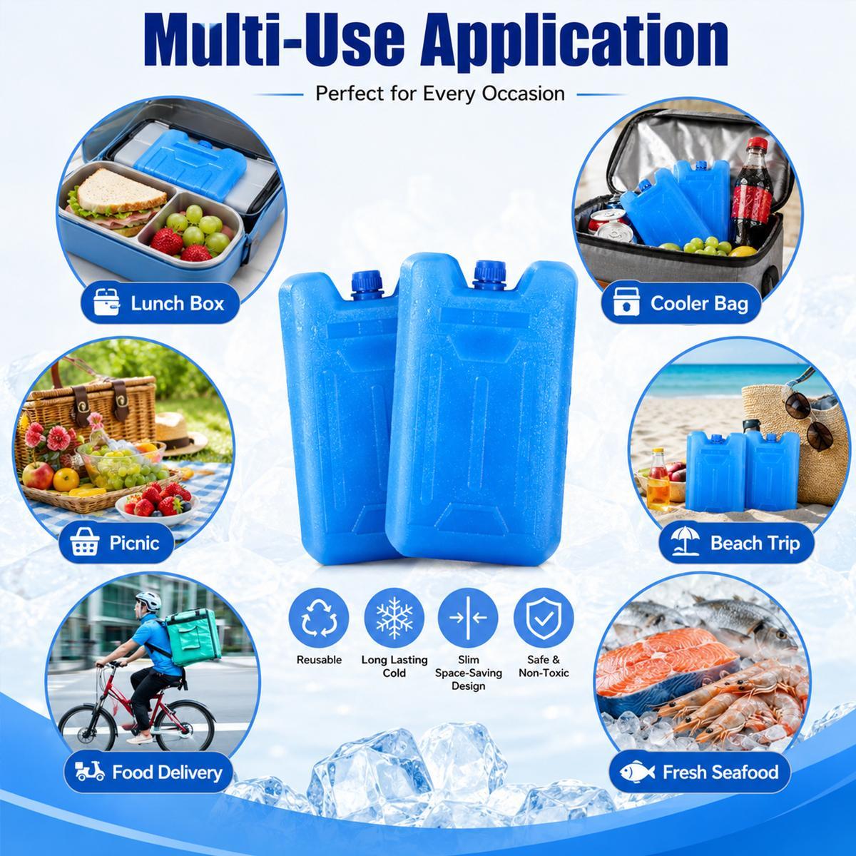 6pcs Cooler Ice Packs - Reusable (-5 C) Space-Saving Slim, Cold, Dry, Freezer Packs For Cooler Bags, Food Beverage, Refrigerator, Air Conditioner Fan, Lunch Boxes, Bento, Beach, Camp