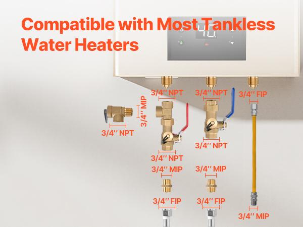 VEVOR 3/4 Inches Brass Steel Water Heater Kit, Corrosion Resistant Plumbing Repair Kit with 600 WOG Isolation Valves, Pressure Relief Valve, Dual-Layer Gas Hose, Standard Fit for Most Tankless Water Heating Brands